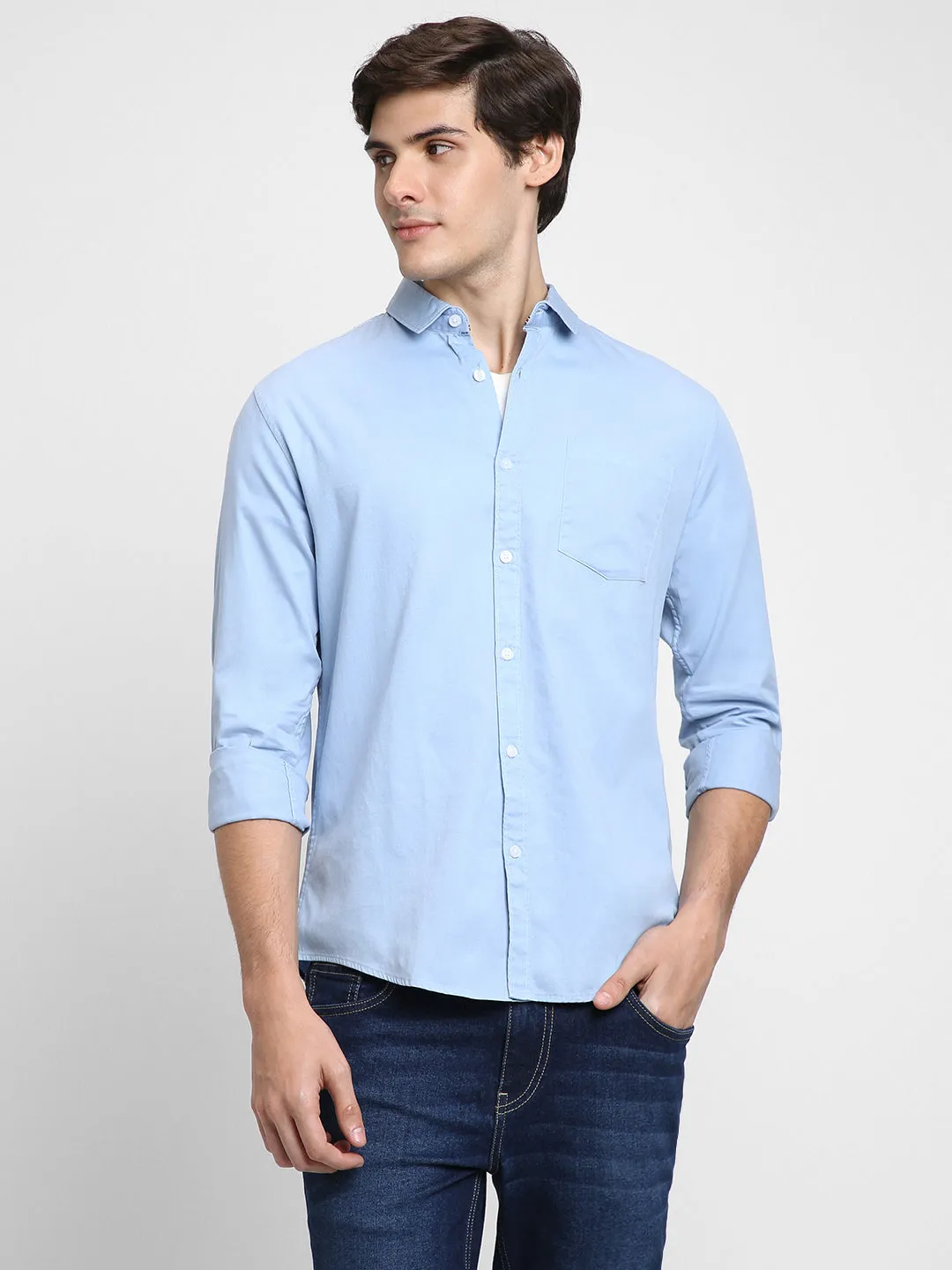 Men's Regular Collar Regular Fit Solid Blue Casual Shirts