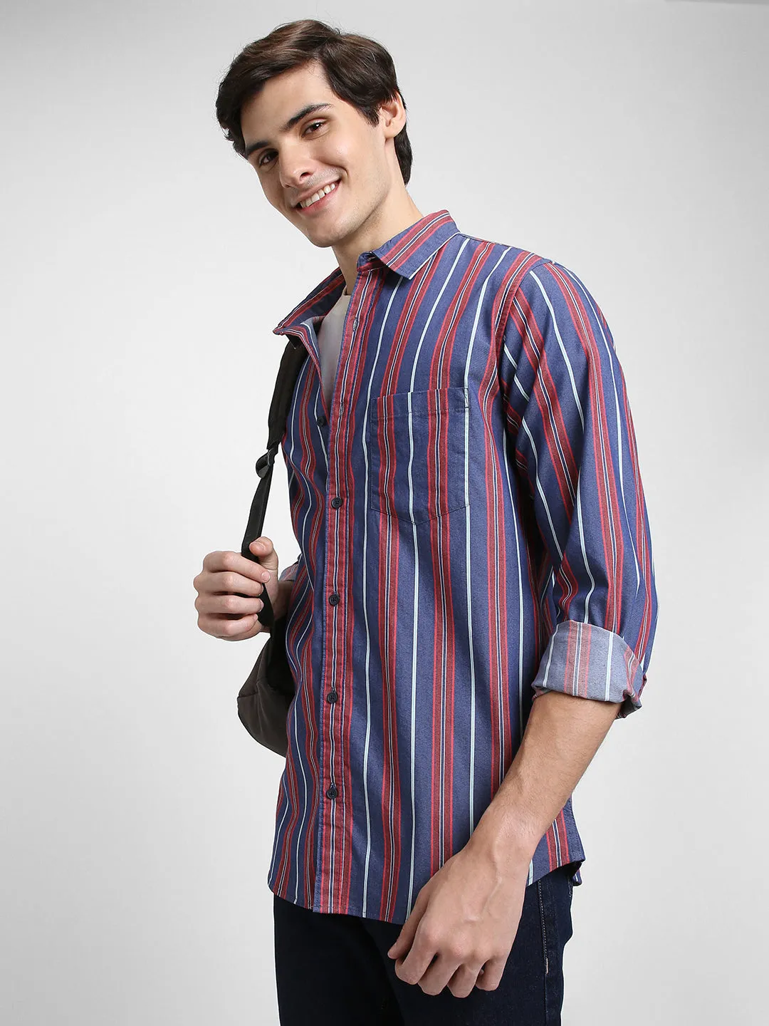 Men's Regular Collar Slim Fit Stripes Red Casual Shirts