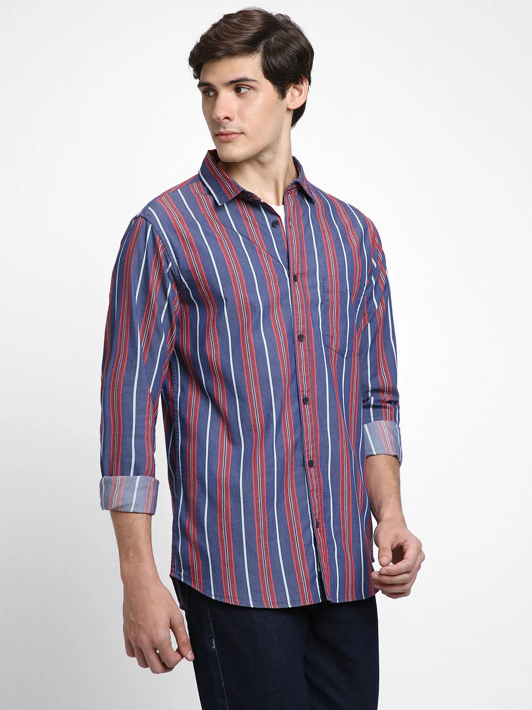 Men's Regular Collar Slim Fit Stripes Red Casual Shirts