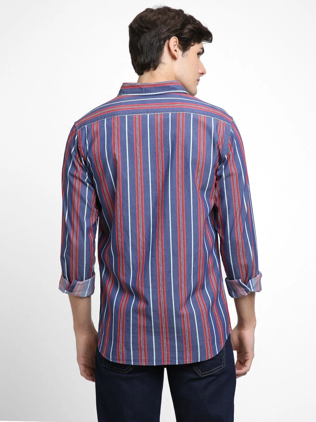 Men's Regular Collar Slim Fit Stripes Red Casual Shirts
