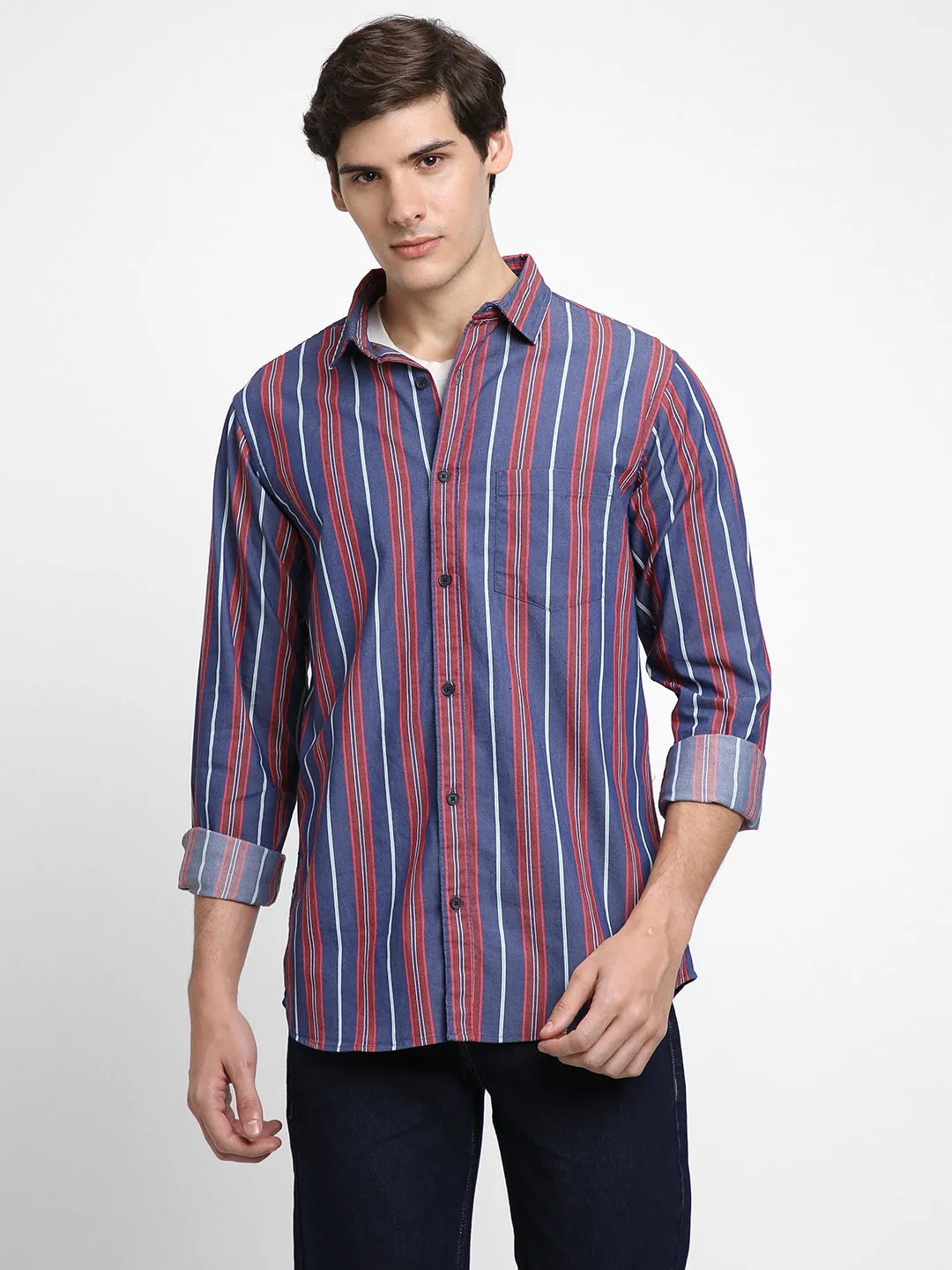 Men's Regular Collar Slim Fit Stripes Red Casual Shirts