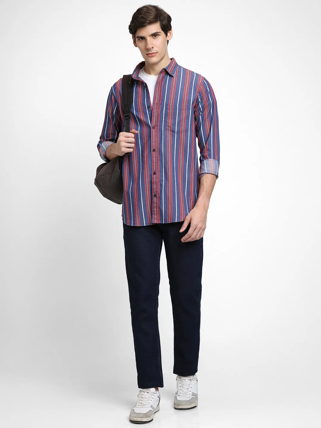 Men's Regular Collar Slim Fit Stripes Red Casual Shirts