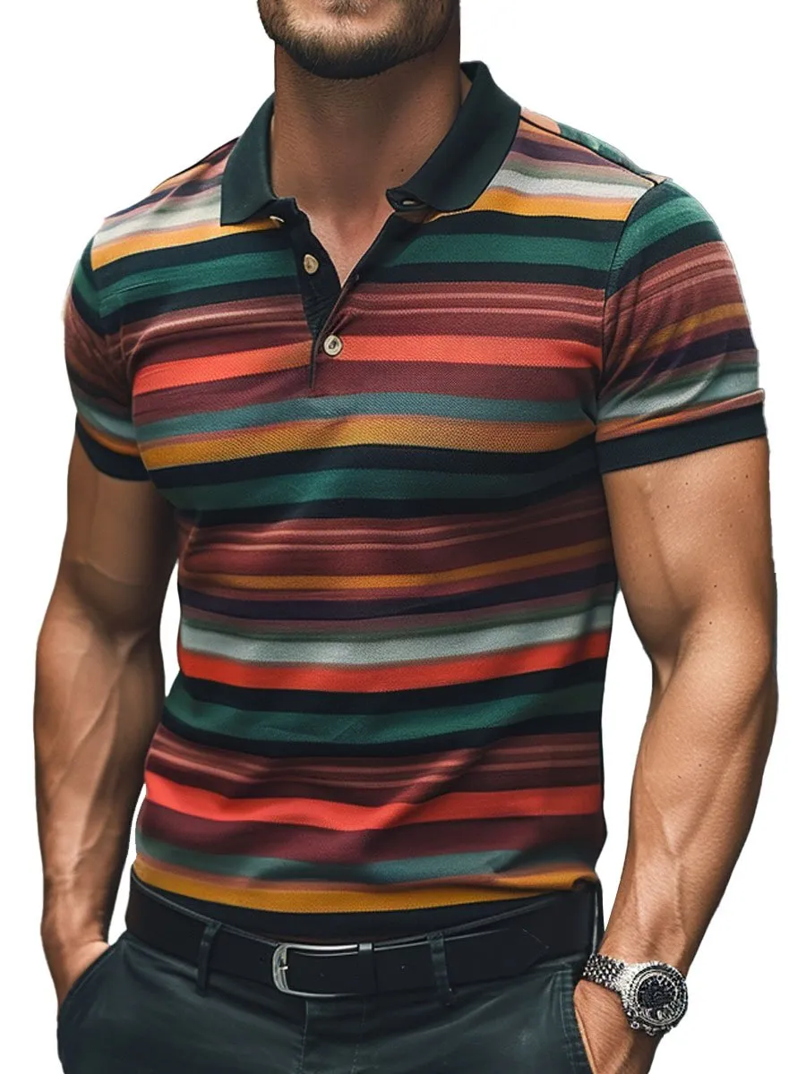 Men's Retro Striped Print Casual Short-Sleeved Polo Shirts