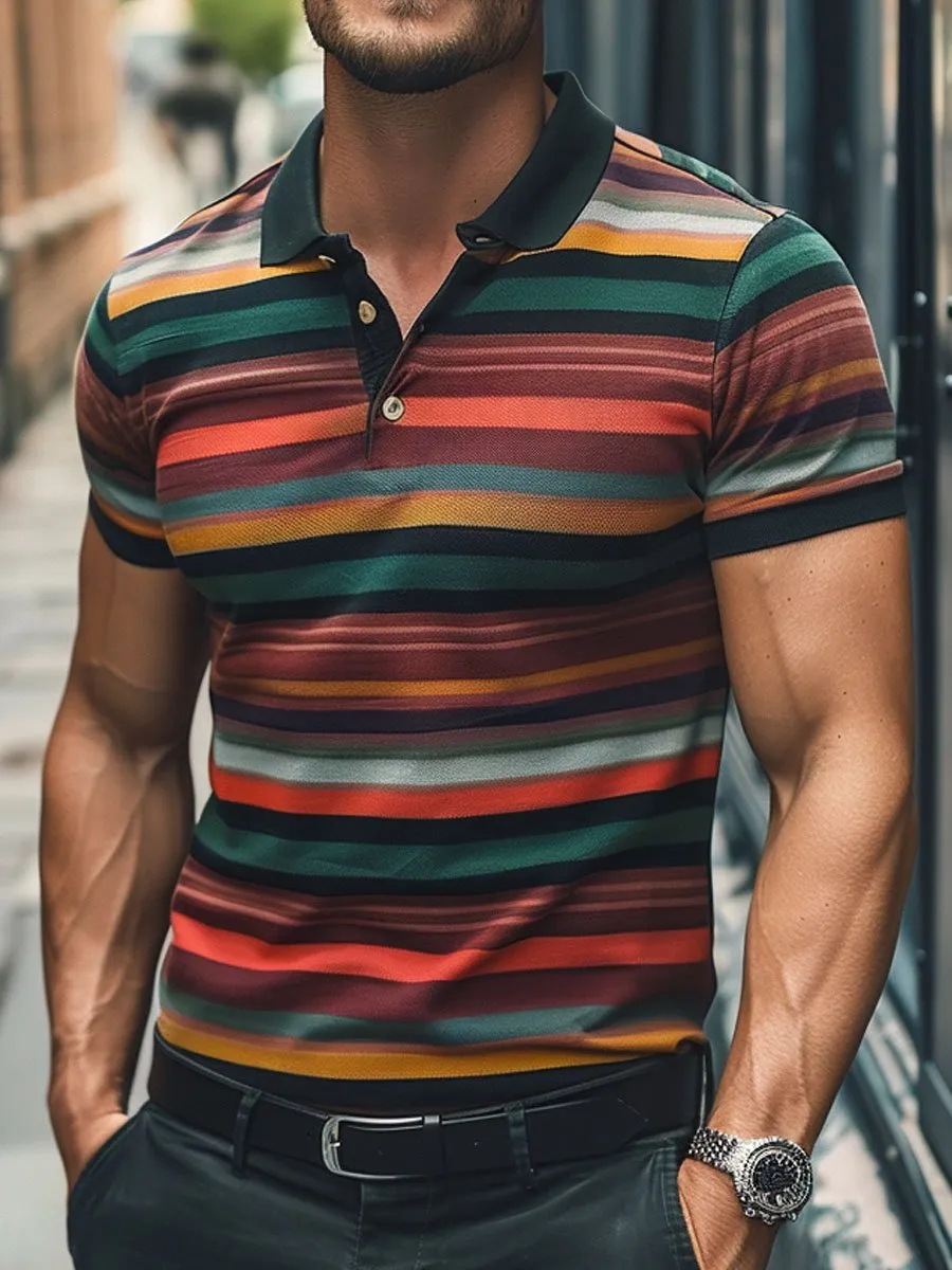 Men's Retro Striped Print Casual Short-Sleeved Polo Shirts
