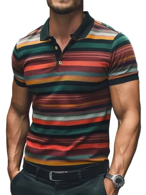 Men's Retro Striped Print Casual Short-Sleeved Polo Shirts