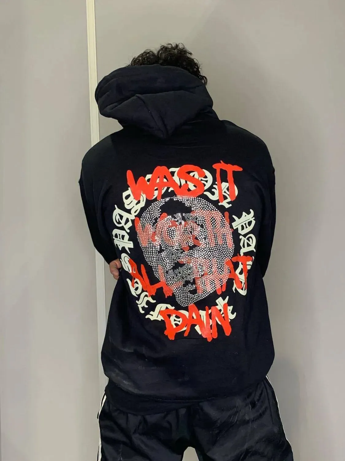Men's Rhinestone Letter Zip Up Hoodie