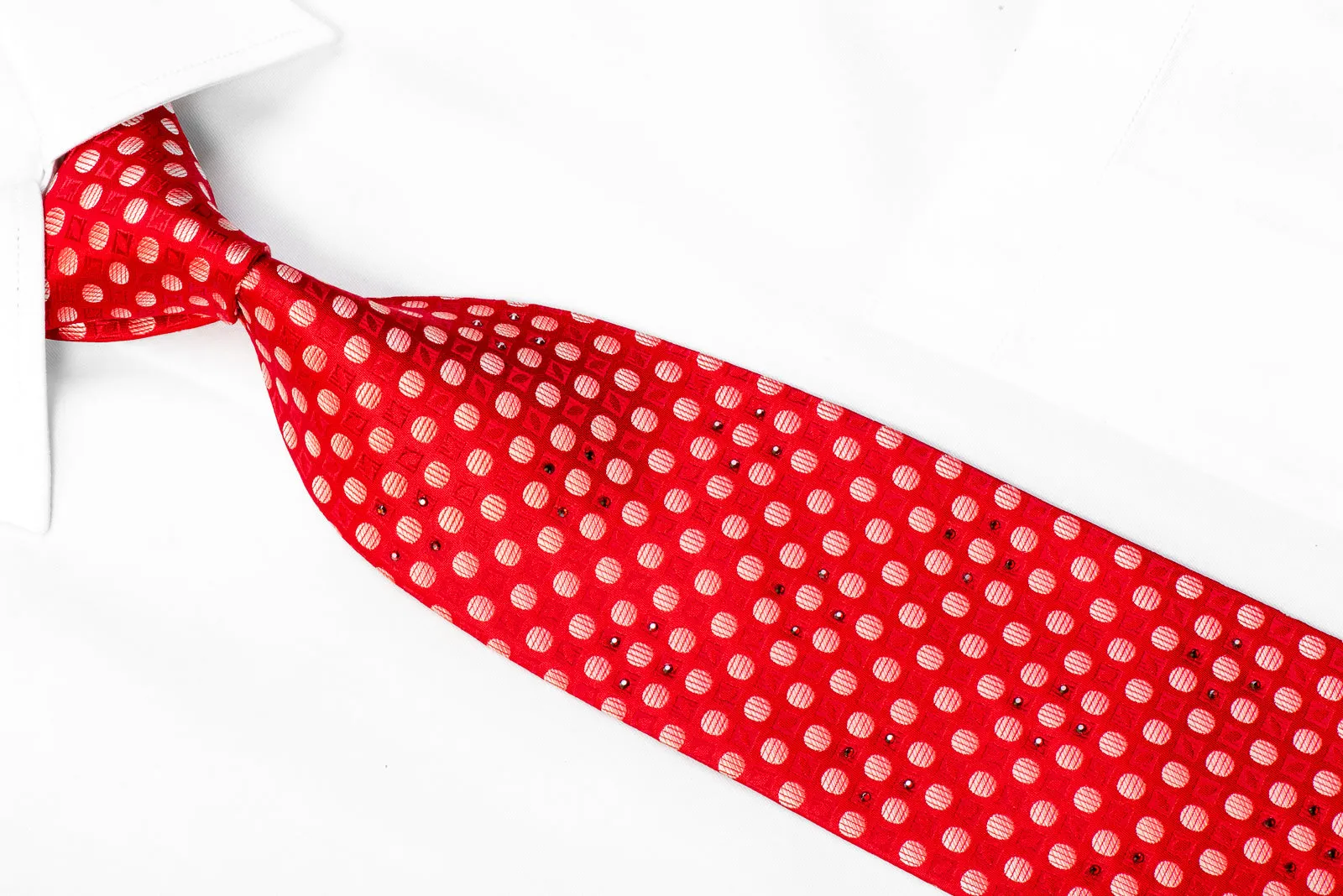 Men's Rhinestone Silk Necktie Geometric Circles On Red
