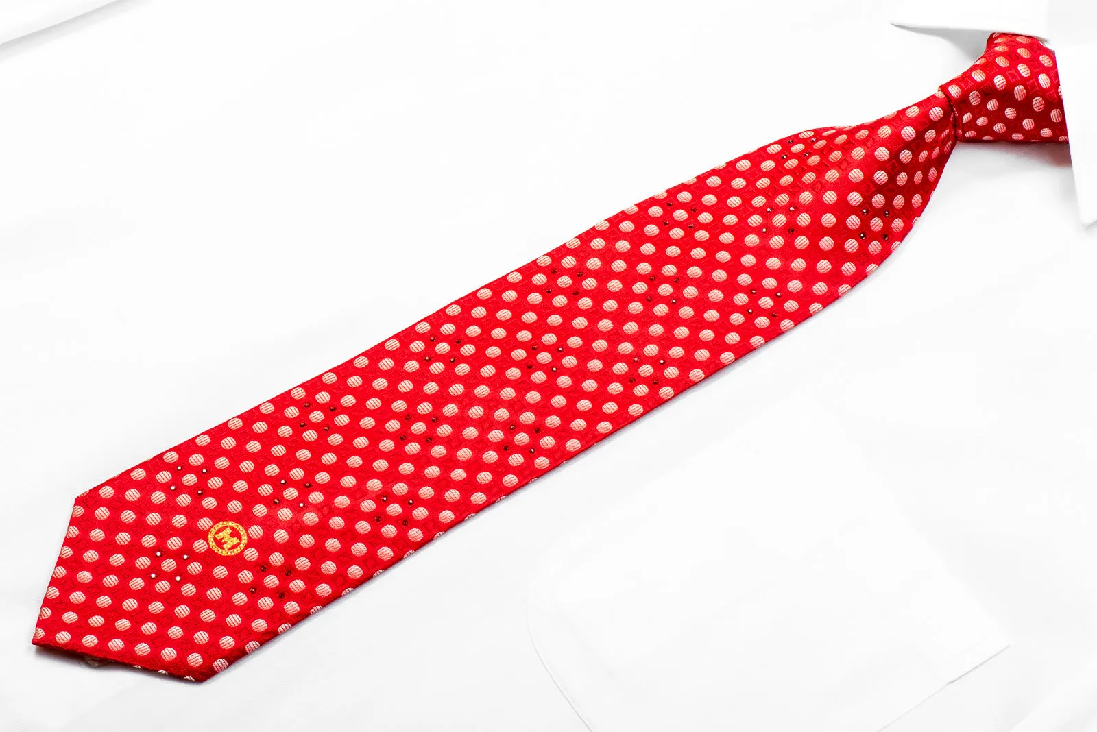 Men's Rhinestone Silk Necktie Geometric Circles On Red