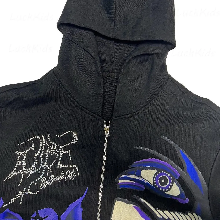 Men's Rhinestone Skull Purple Print Streetwear Oversized Hoodie Men's Jacket Jacket Goth Harajuku Y2k Clothes Grunge Zip Hoodie