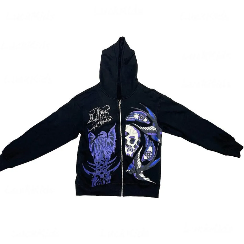Men's Rhinestone Skull Purple Print Streetwear Oversized Hoodie Men's Jacket Jacket Goth Harajuku Y2k Clothes Grunge Zip Hoodie