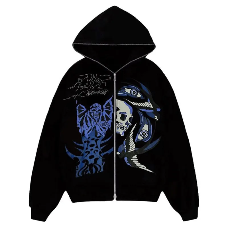 Men's Rhinestone Skull Purple Print Streetwear Oversized Hoodie Men's Jacket Jacket Goth Harajuku Y2k Clothes Grunge Zip Hoodie