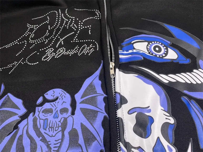 Men's Rhinestone Skull Purple Print Streetwear Oversized Hoodie Men's Jacket Jacket Goth Harajuku Y2k Clothes Grunge Zip Hoodie