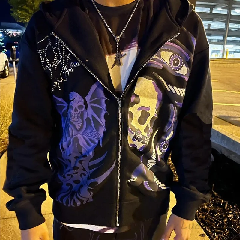 Men's Rhinestone Skull Purple Print Streetwear Oversized Hoodie Men's Jacket Jacket Goth Harajuku Y2k Clothes Grunge Zip Hoodie