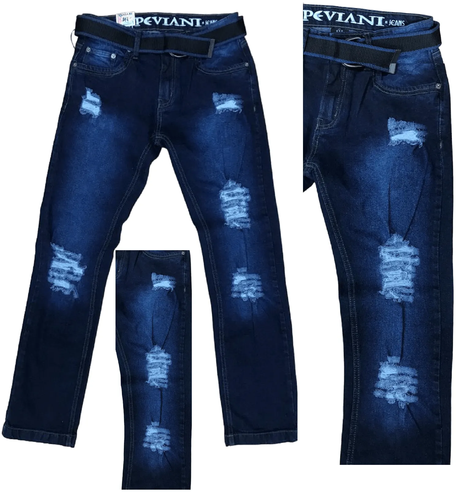 Mens Ripped Denim Jeans Peviani Tapered Fit Dark Blue With Belt Jean Pants W30