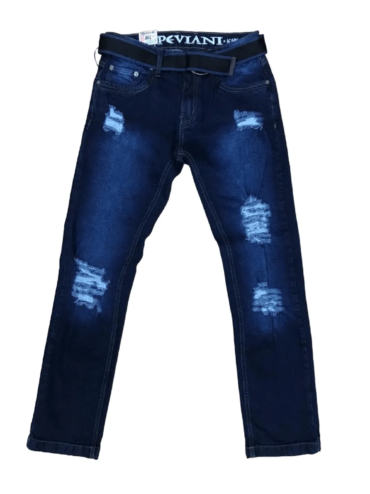 Mens Ripped Denim Jeans Peviani Tapered Fit Dark Blue With Belt Jean Pants W30