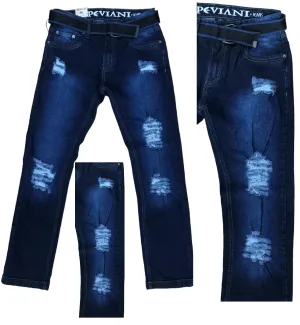 Mens Ripped Denim Jeans Peviani Tapered Fit Dark Blue With Belt Jean Pants W30