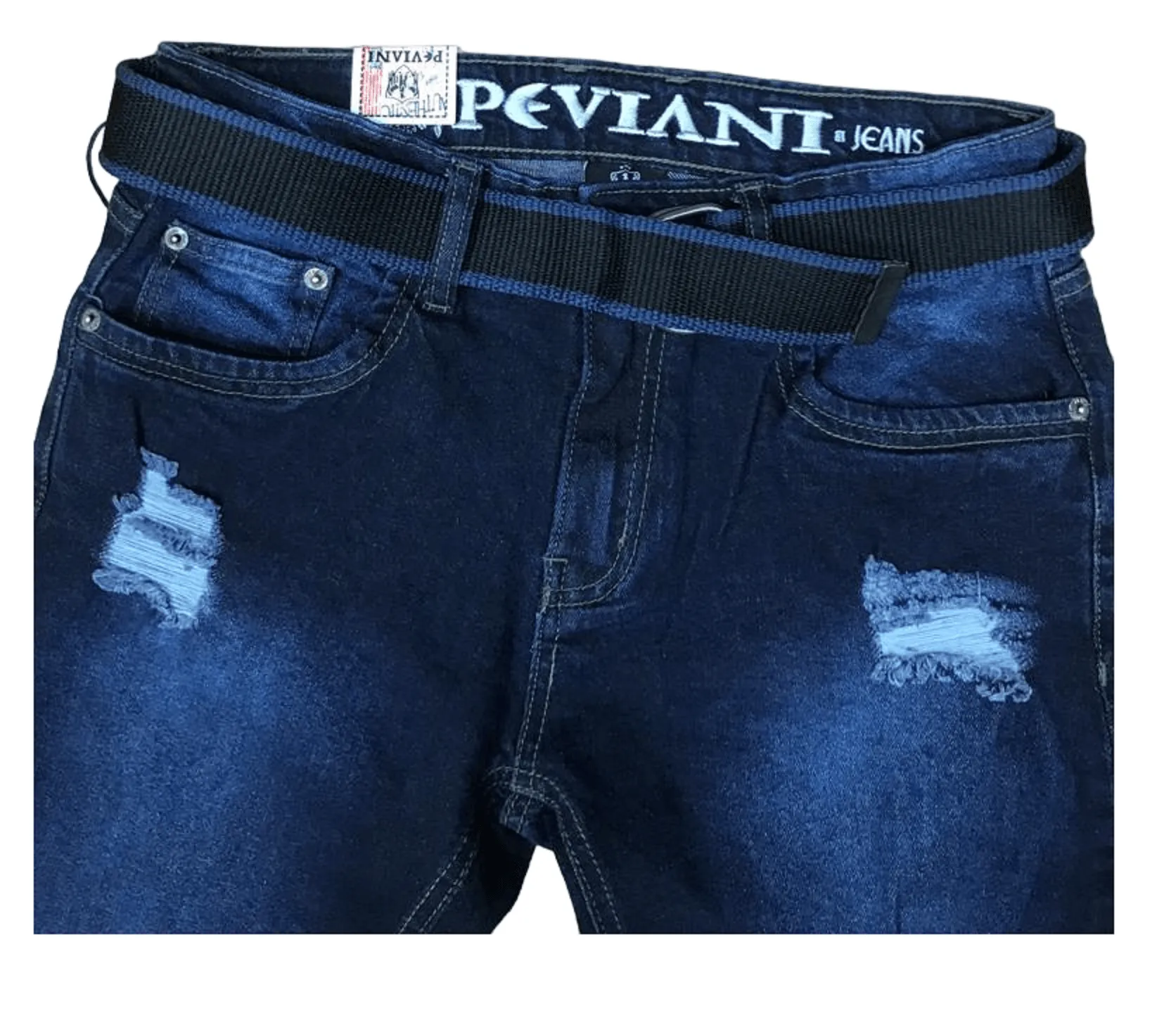 Mens Ripped Denim Jeans Peviani Tapered Fit Dark Blue With Belt Jean Pants W30