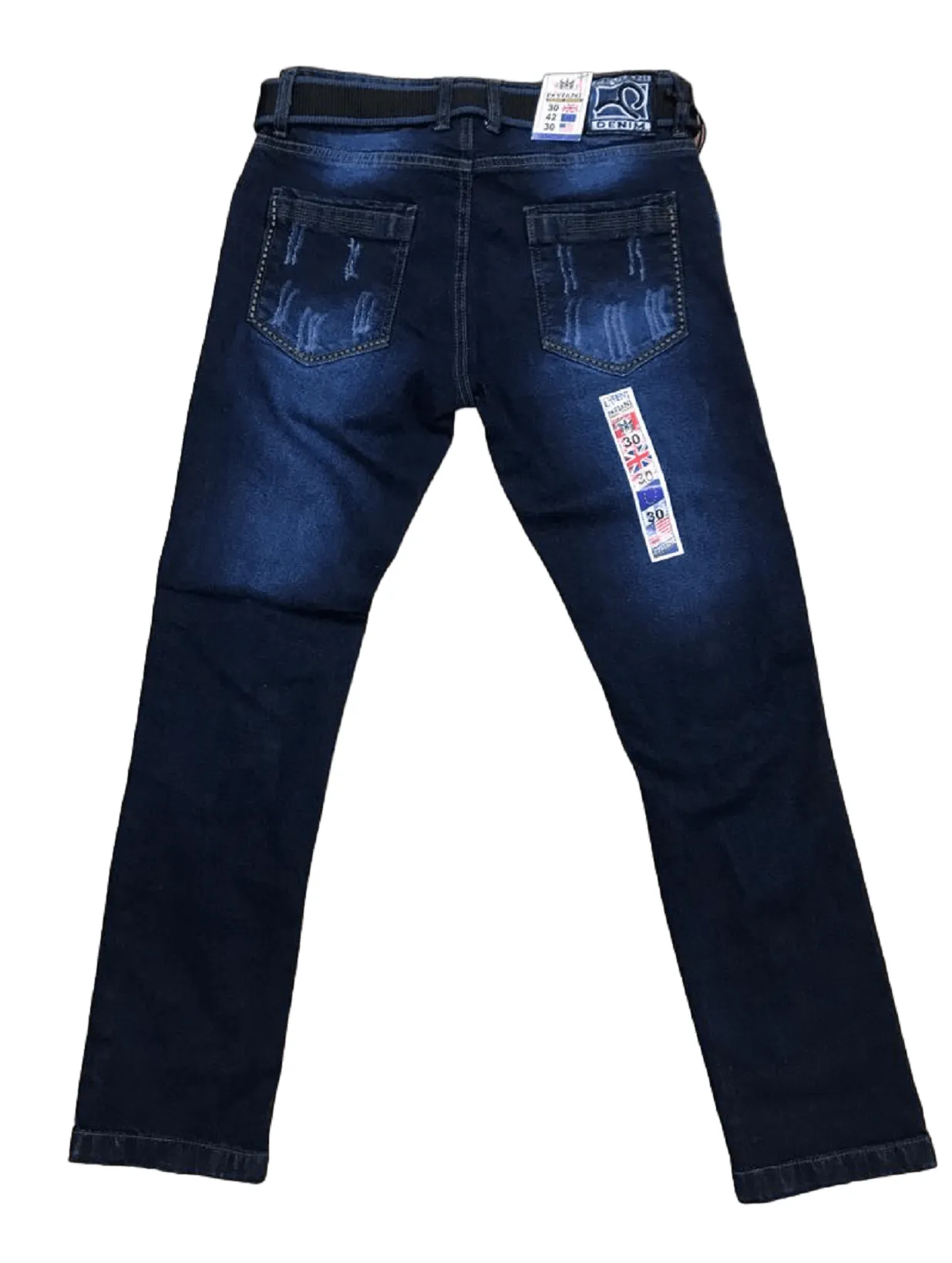 Mens Ripped Denim Jeans Peviani Tapered Fit Dark Blue With Belt Jean Pants W30