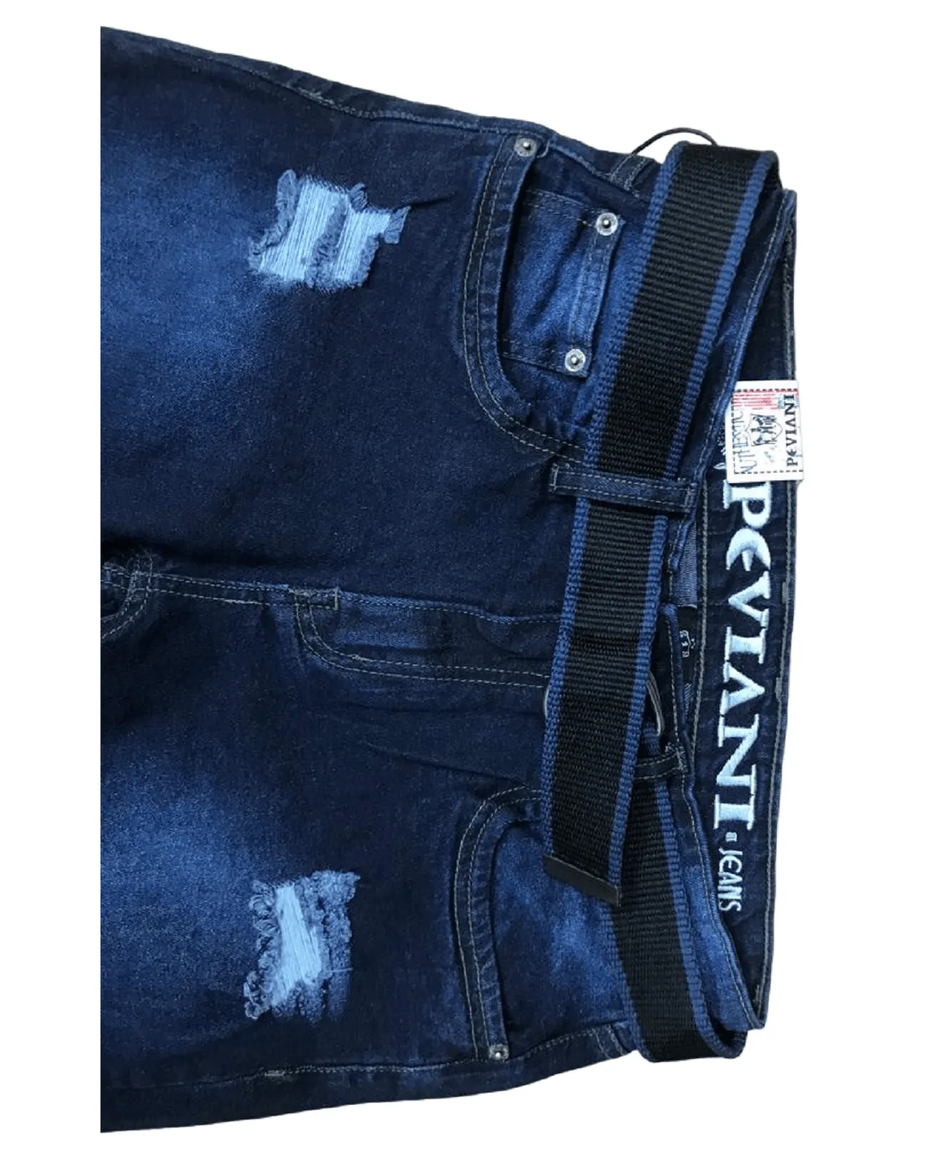 Mens Ripped Denim Jeans Peviani Tapered Fit Dark Blue With Belt Jean Pants W30