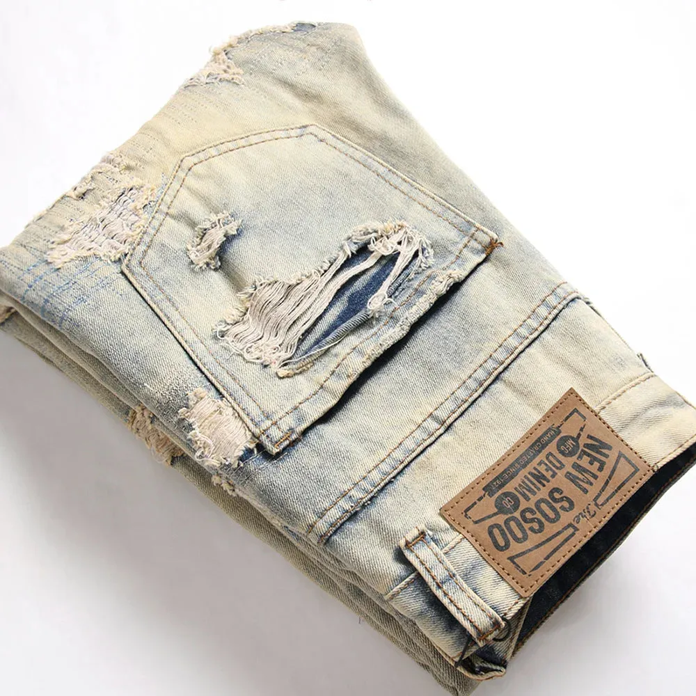 Men's Ripped Patchwork Denim Jeans - Vintage Blue Distressed Slim Straight Pants with Holes