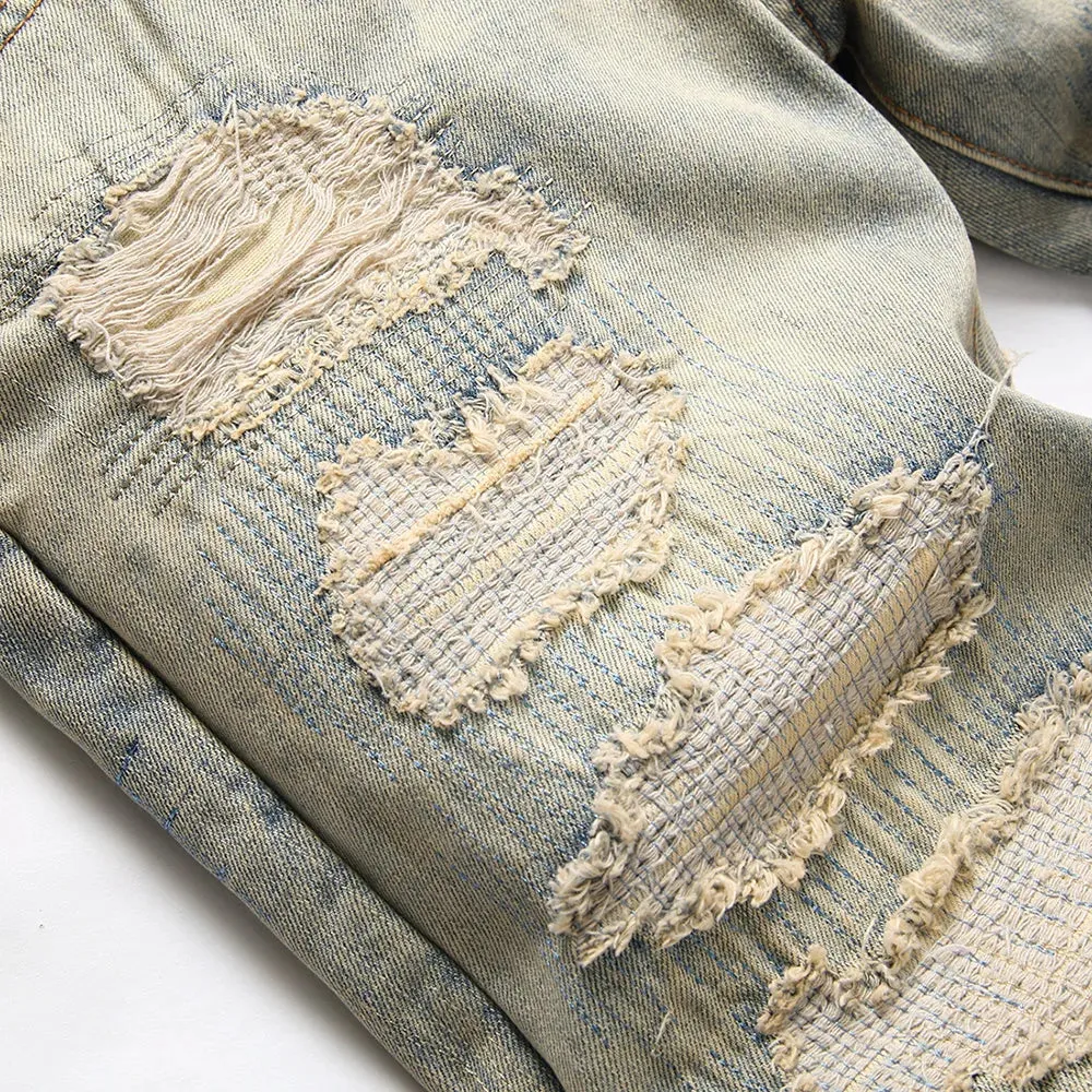 Men's Ripped Patchwork Denim Jeans - Vintage Blue Distressed Slim Straight Pants with Holes