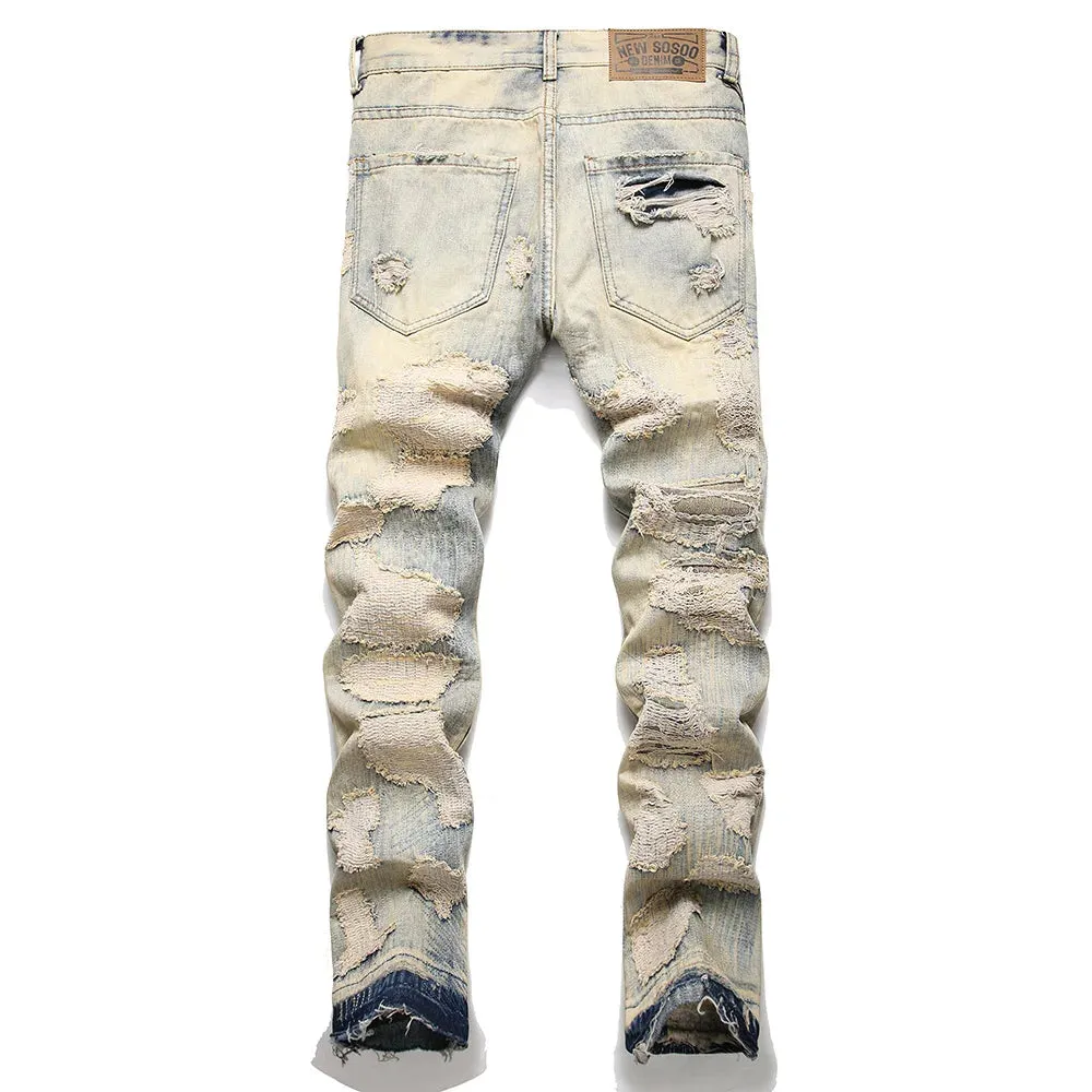 Men's Ripped Patchwork Denim Jeans - Vintage Blue Distressed Slim Straight Pants with Holes