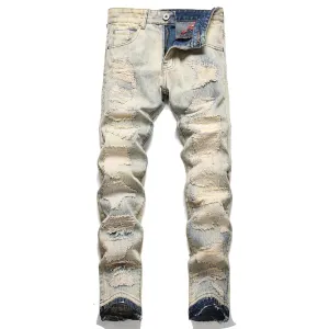 Men's Ripped Patchwork Denim Jeans - Vintage Blue Distressed Slim Straight Pants with Holes