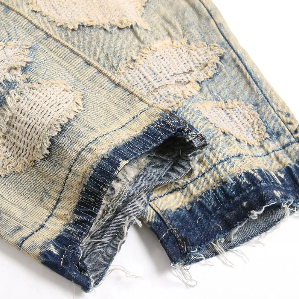 Men's Ripped Patchwork Denim Jeans - Vintage Blue Distressed Slim Straight Pants with Holes