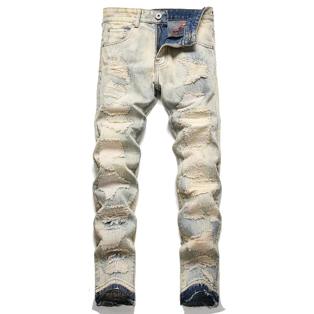 Men's Ripped Patchwork Denim Jeans - Vintage Blue Distressed Slim Straight Pants with Holes