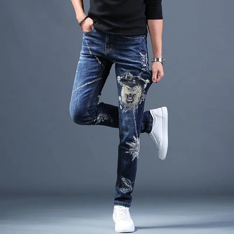 Men's Ripped Stretch Jeans W/ Embroidery Designs