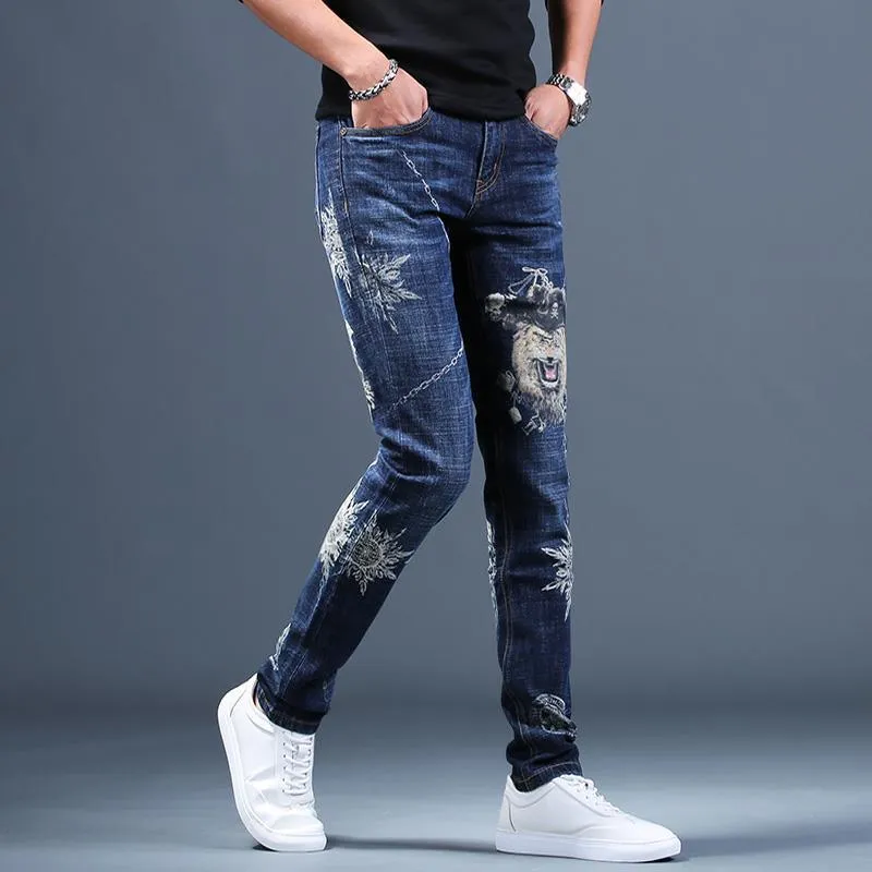 Men's Ripped Stretch Jeans W/ Embroidery Designs