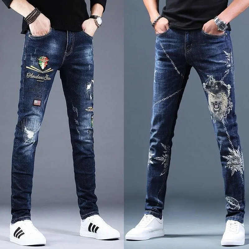 Men's Ripped Stretch Jeans W/ Embroidery Designs