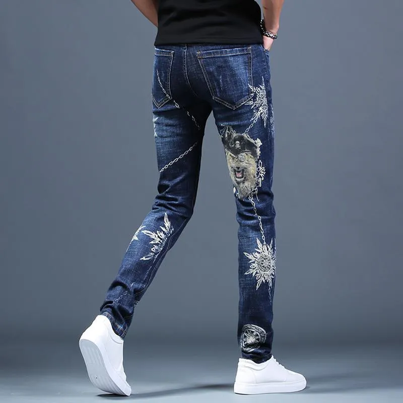 Men's Ripped Stretch Jeans W/ Embroidery Designs