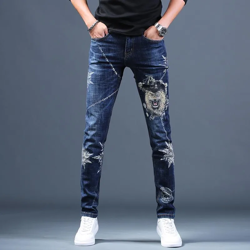 Men's Ripped Stretch Jeans W/ Embroidery Designs