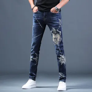 Men's Ripped Stretch Jeans W/ Embroidery Designs