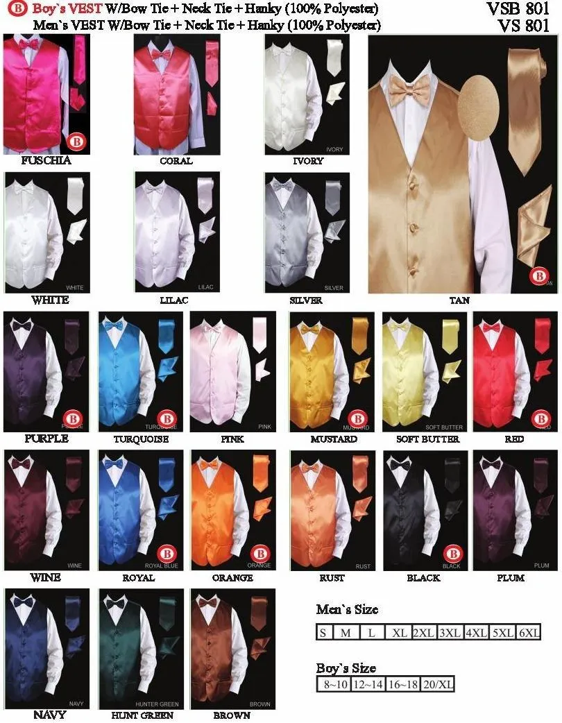 Men's Satin Vest with Tie, Bow Tie, and Pocket Square