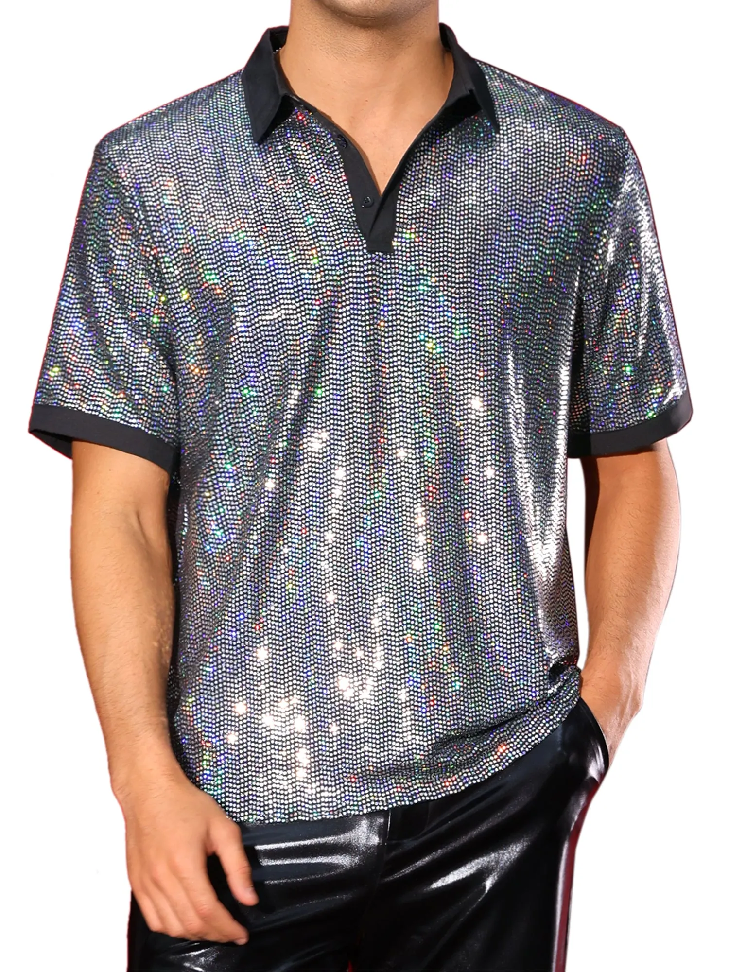 Men's Sequin Contrast Color Collar Short Sleeved Party Disco Polo Shirts