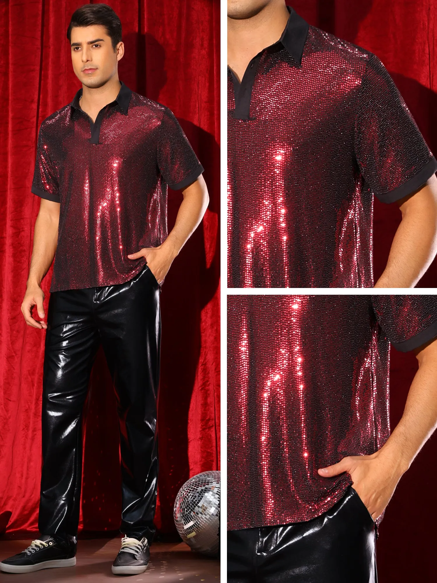 Men's Sequin Contrast Color Collar Short Sleeved Party Disco Polo Shirts