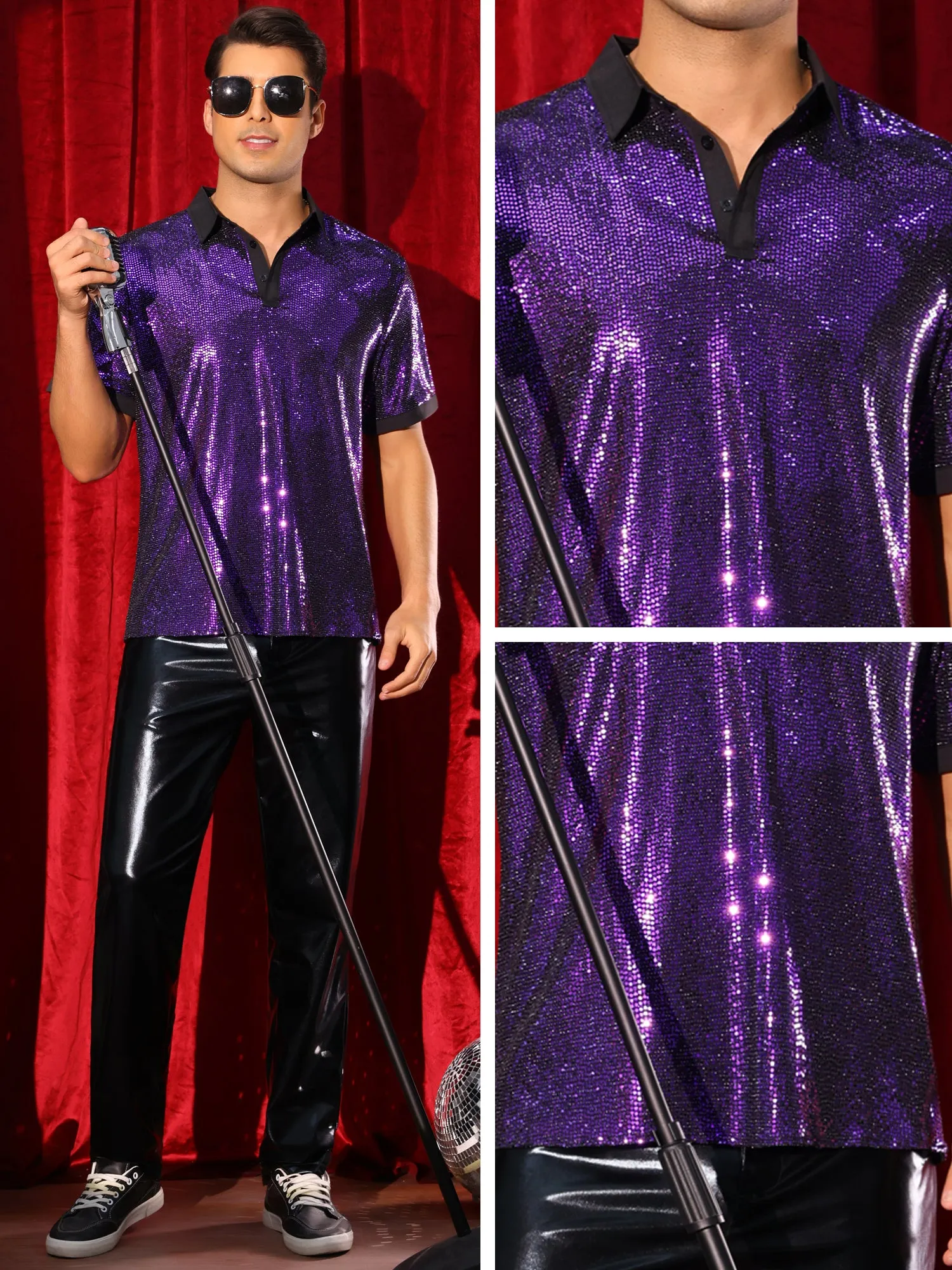 Men's Sequin Contrast Color Collar Short Sleeved Party Disco Polo Shirts