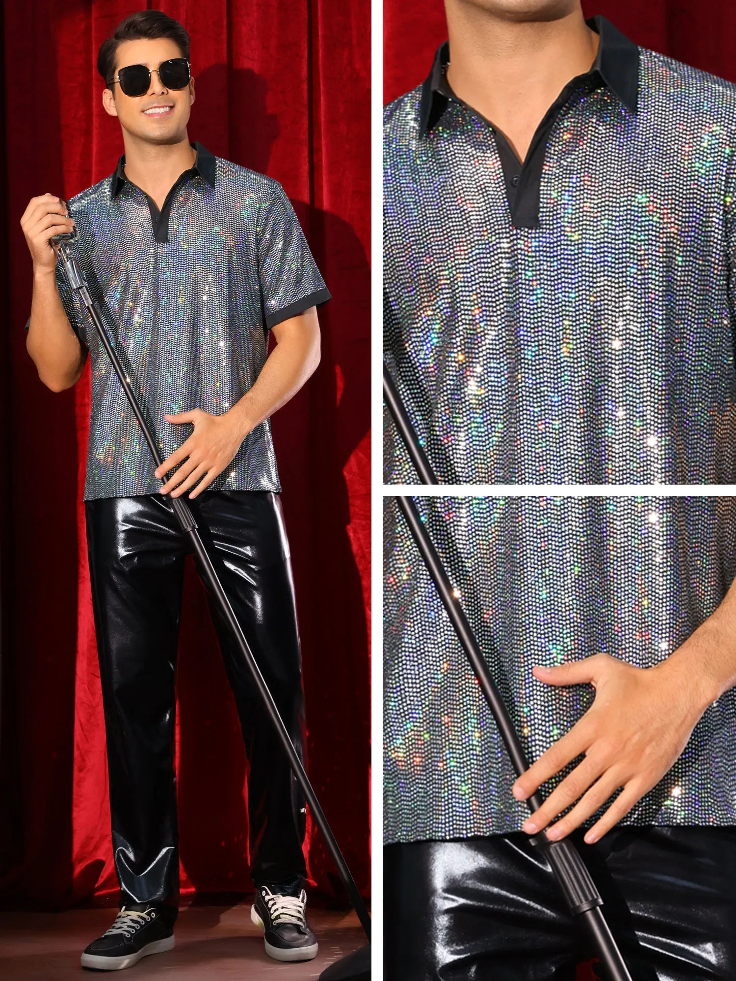 Men's Sequin Contrast Color Collar Short Sleeved Party Disco Polo Shirts