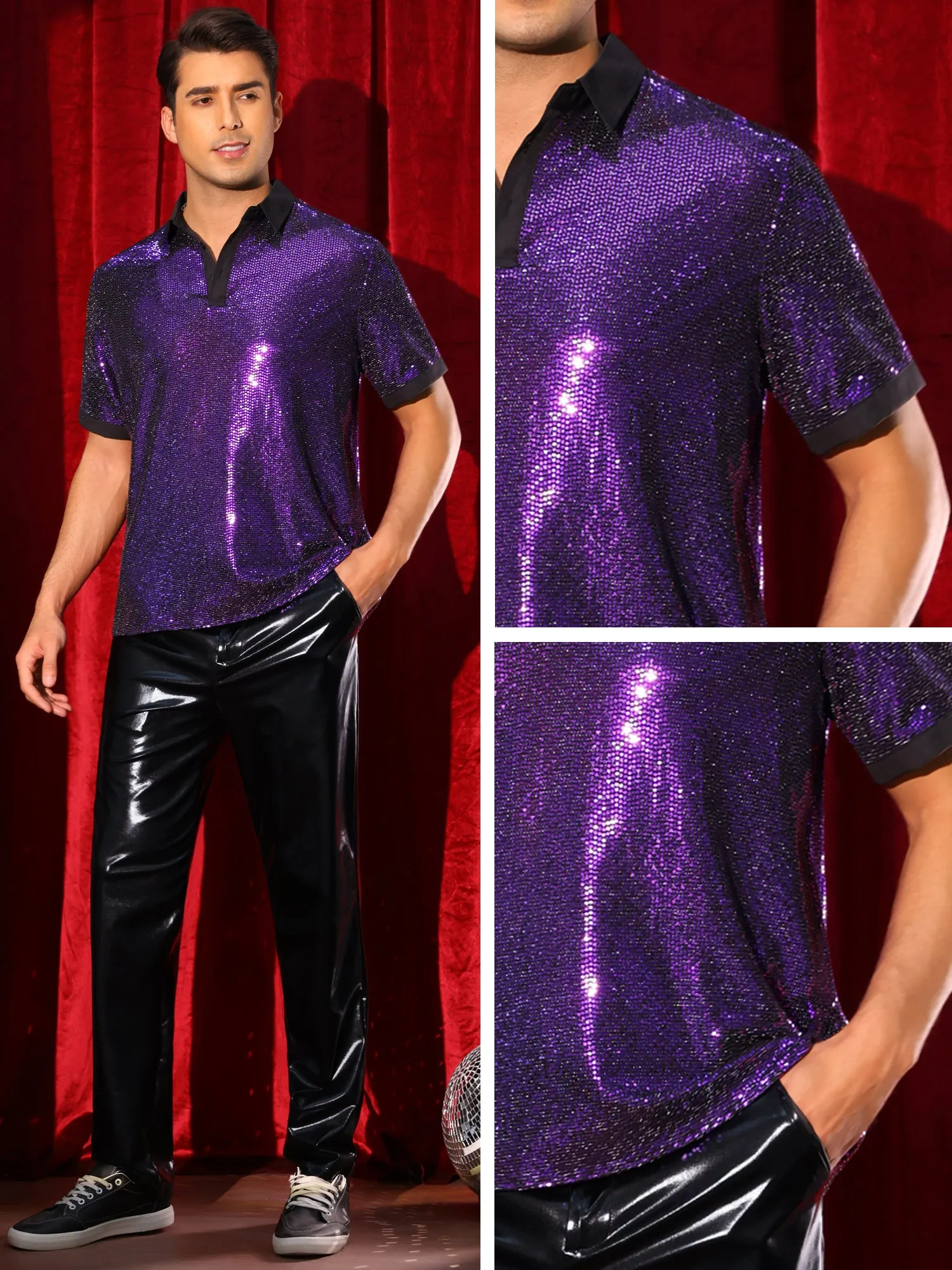 Men's Sequin Contrast Color Collar Short Sleeved Party Disco Polo Shirts