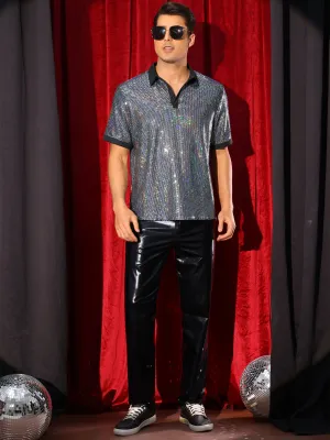 Men's Sequin Contrast Color Collar Short Sleeved Party Disco Polo Shirts