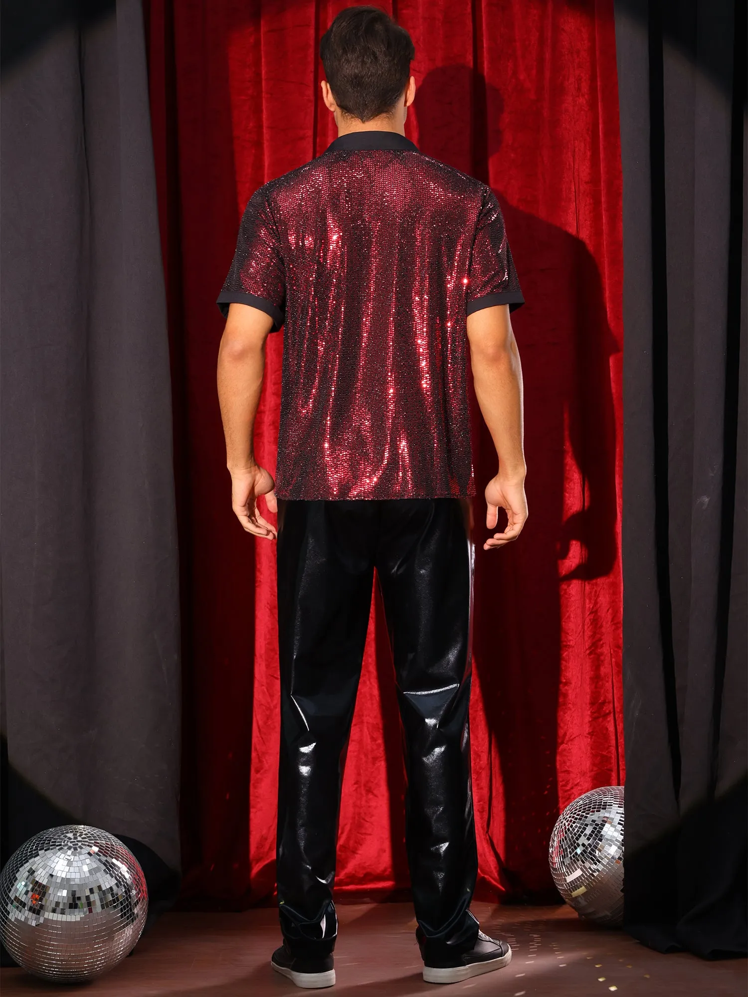 Men's Sequin Contrast Color Collar Short Sleeved Party Disco Polo Shirts