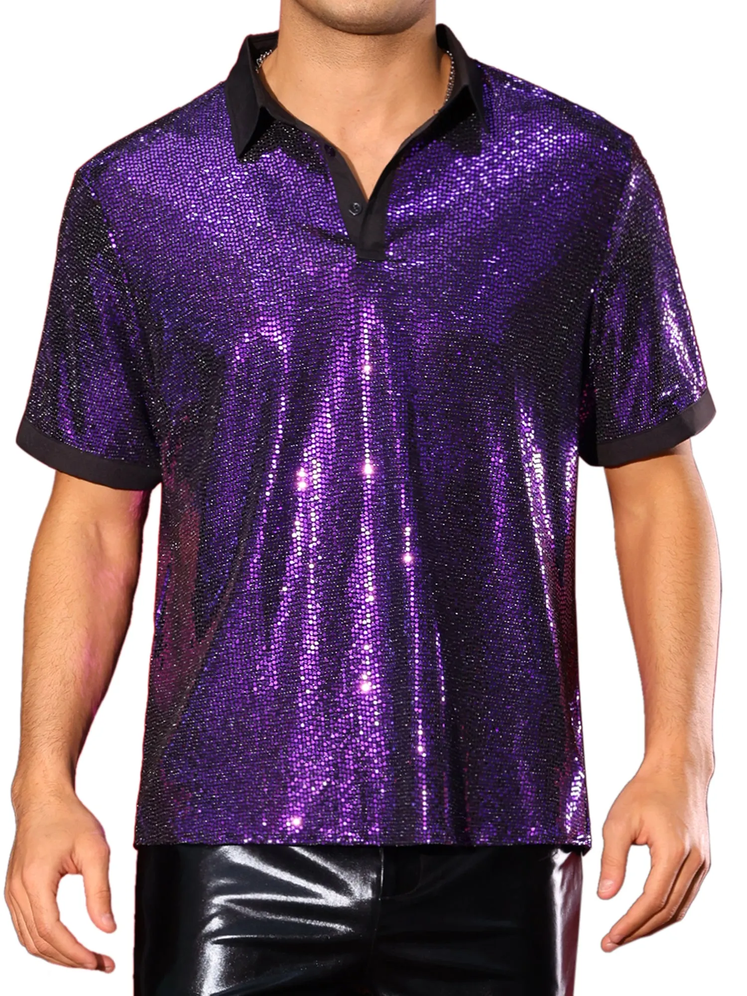 Men's Sequin Contrast Color Collar Short Sleeved Party Disco Polo Shirts