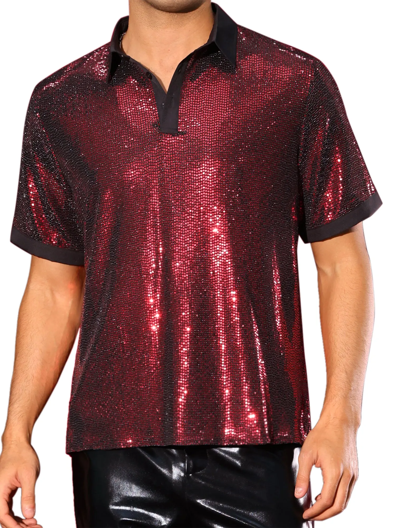 Men's Sequin Contrast Color Collar Short Sleeved Party Disco Polo Shirts