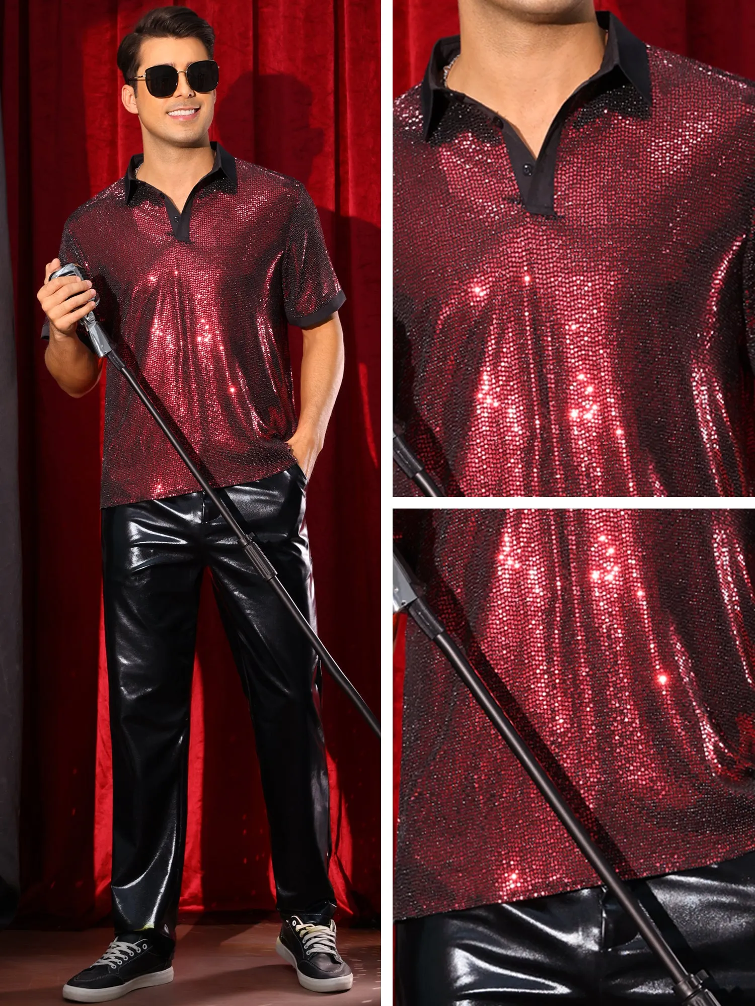Men's Sequin Contrast Color Collar Short Sleeved Party Disco Polo Shirts