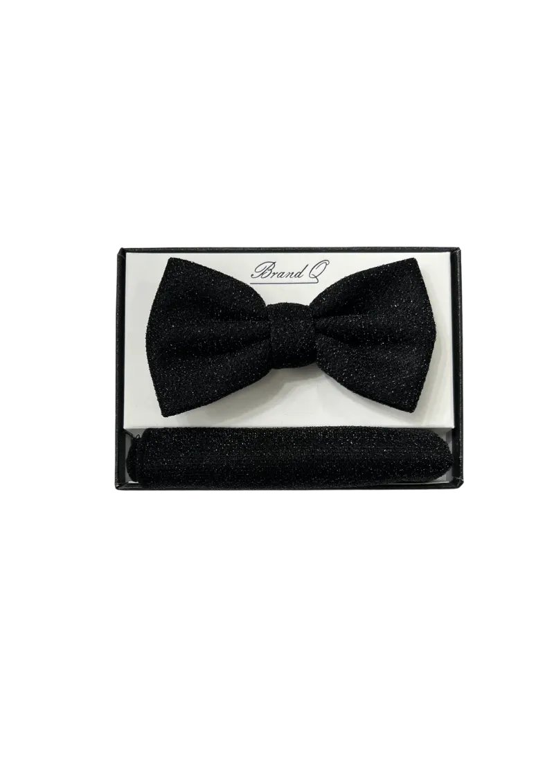 Men's Shiny Black Solid Color Satin Bowtie and Hanky