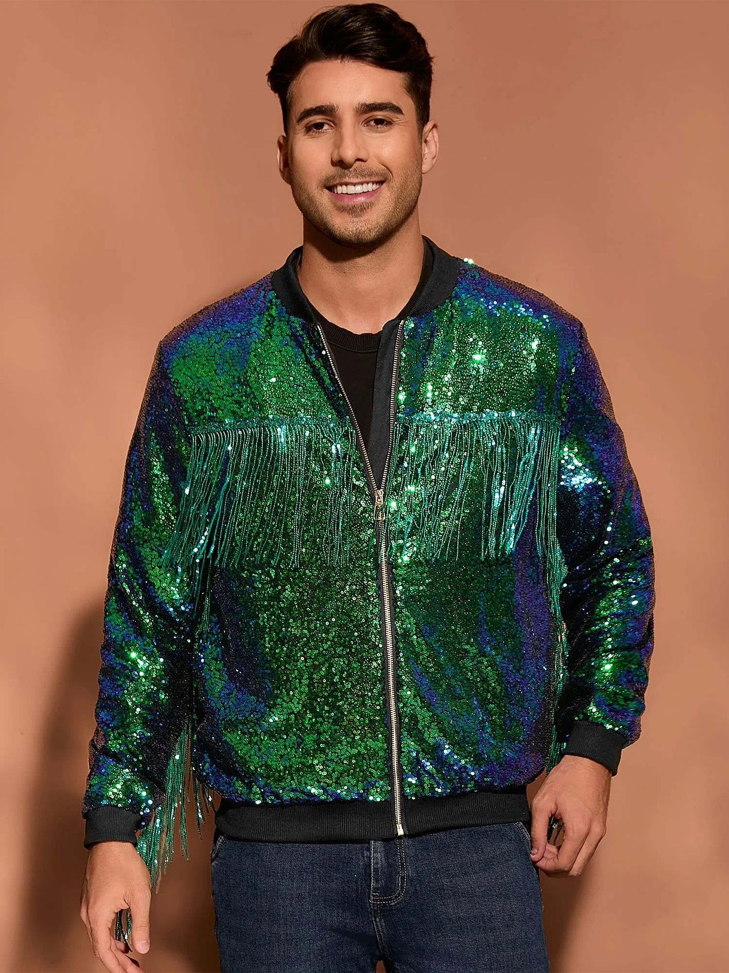 Men's Shiny Tassel Zipper 70s Disco Sparkly Sequins Baseball Bomber Jackets