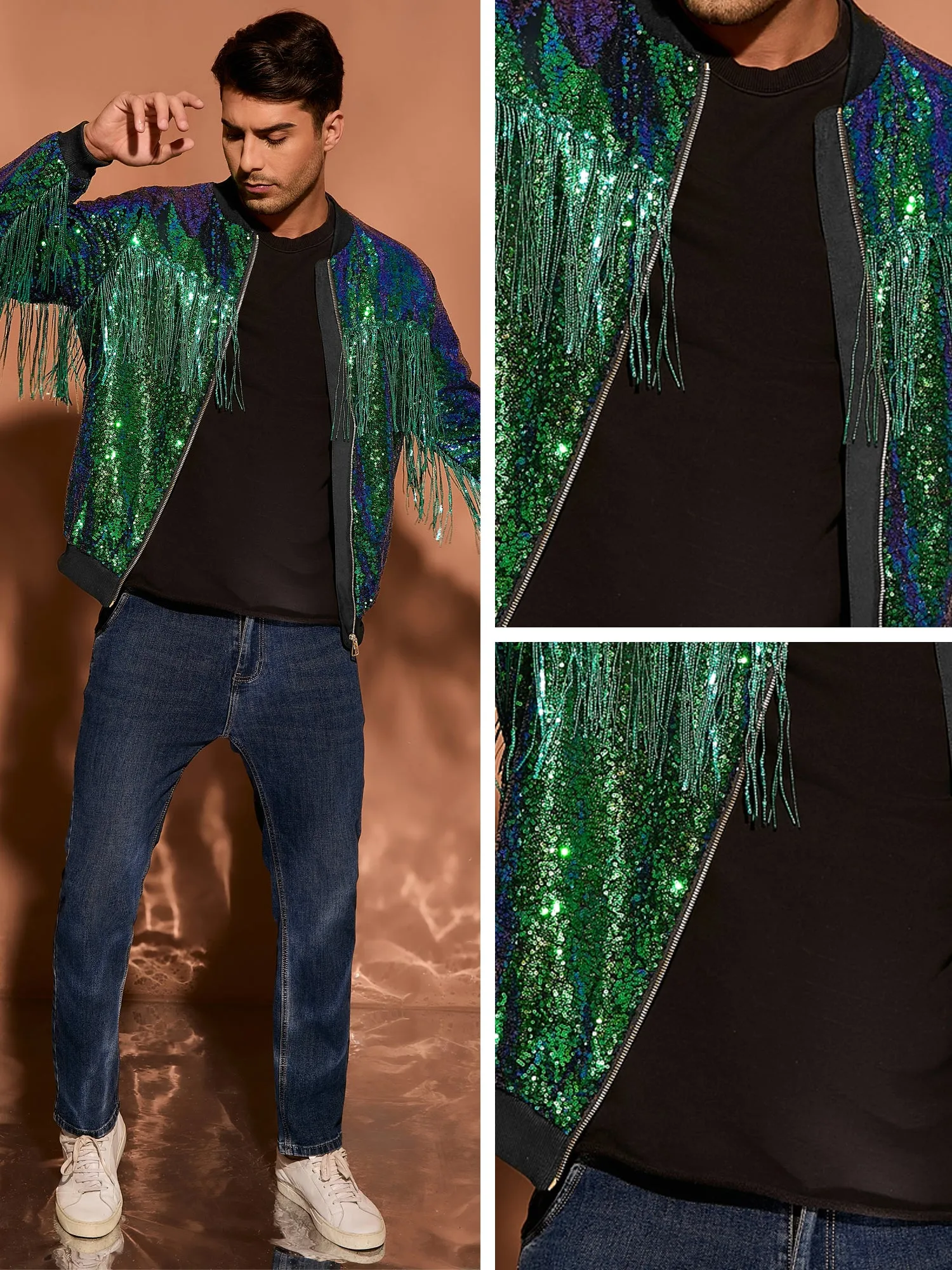 Men's Shiny Tassel Zipper 70s Disco Sparkly Sequins Baseball Bomber Jackets