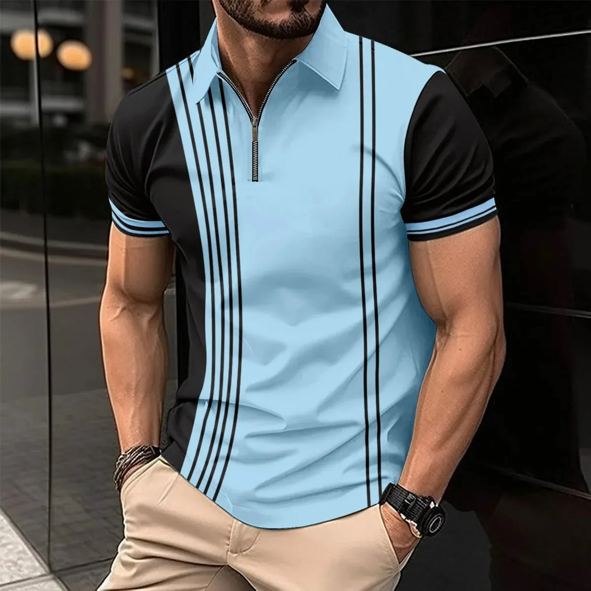 Men's Short Sleeve Polo Shirt with Splice Stripe Printing